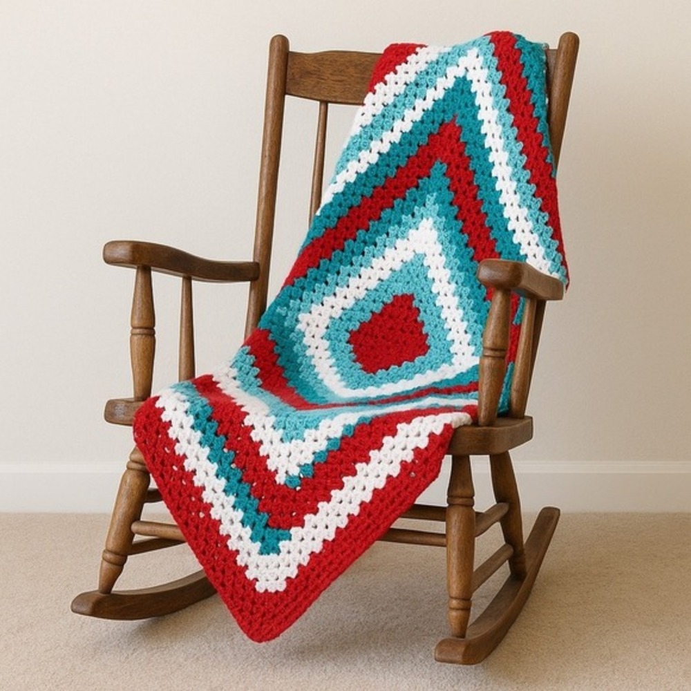 Handmade Retro Afghan Granny Square Crochet Throw Blanket Red Teal White‎ 50x50
